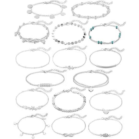 16Pcs Ankle Bracelets for Women Gold Silver TwoStyle Chain Beach Anklet Bracelet - Picture 8 of 8